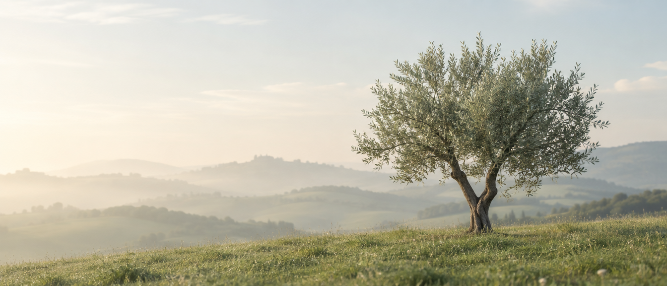 A young olive tree growing in an open meadow in soft morning light