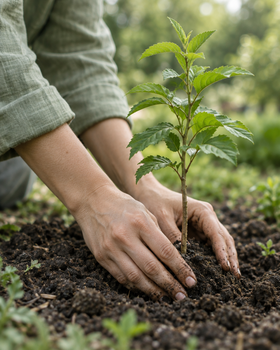 Two hands planting a young seedling in dark soil